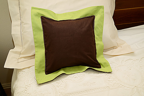 Hemstitch Multicolor Baby Pillow 12x12". Chocolate & Macaw Green